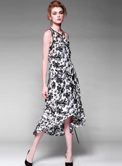 Asymmetric Floral Print Long Dress
