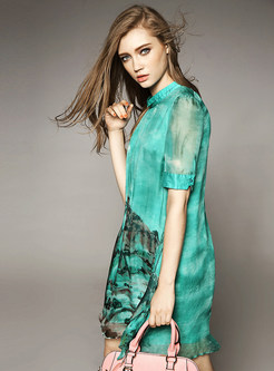Landscape Print Silk Dress