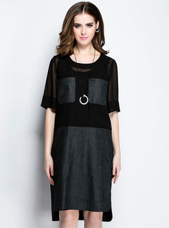 Mesh Patch Black Midi Dress