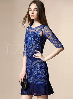 Embroidery Lace Patch Pleated Dress