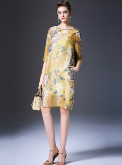 O-Neck Print Silk-Linen Dress