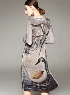 Vintage Long Sleeve Print Dress