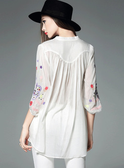 Embroidery Stand Collar Mesh Blouse
