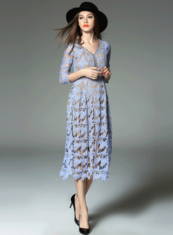V-Neck Hollow Lace Dress
