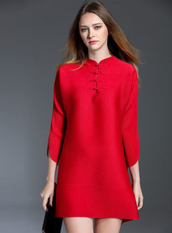 Pure Color Stand Collar Shift Dress