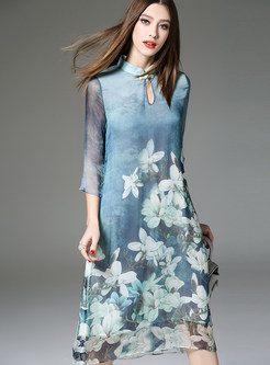 Mandarin Collar Print Dress