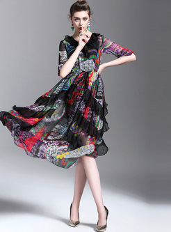 V-neck Silk Print Maxi Dress