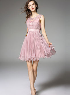 Pure Color Sleeveless Flounced Dress