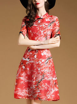 Vintage Red Print Cheongsam Dress