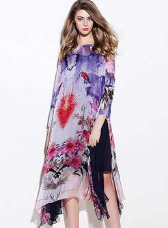 Asymmetric Floral Print Silk Maxi Dress