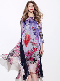 Asymmetric Floral Print Silk Maxi Dress