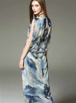 Sleeveless Print Waist Maxi Dress