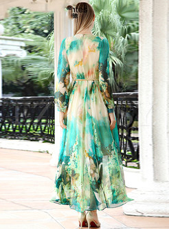 Long Sleeve Green Print Maxi Dress