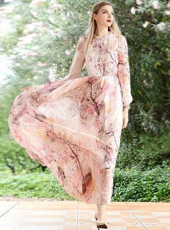 Summer Long Sleeve Chiffon Print Maxi Dress