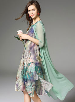 Irregular Silk Floral Print Midi Dress