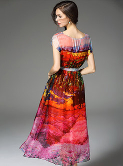 Round Neck Print Waist Maxi Dress
