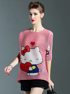 Cat Print O-Neck Pleat T-Shirt