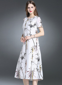 Vintage Bamboo Print Loose Long Dress