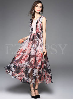 Floral Print Falbala Waist Maxi Dress
