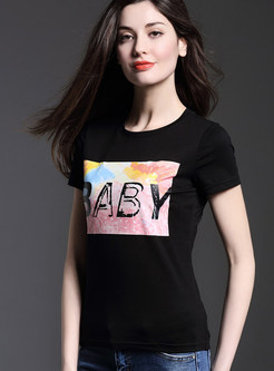 Letter Print O-Neck Patch T-Shirt
