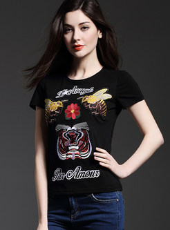 Animal Embroidery O-Neck T-Shirt