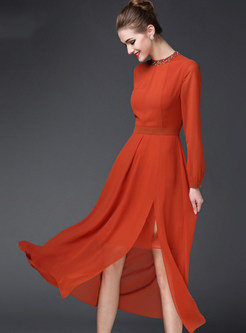 Pure Color O-Neck Slit Long Dress