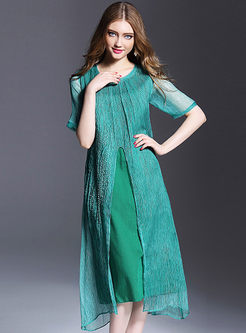 Pure Color Silk Embroidery Loose Dress