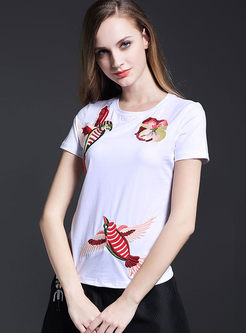 Brief Bird Embroidery T-Shirt