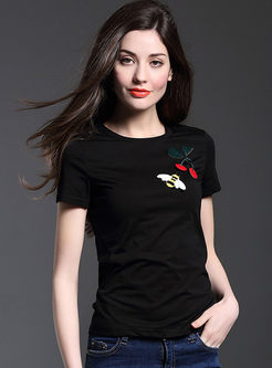 Slim Pure Color Cherry Embroidery Top