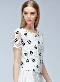 Short Sleeve Mesh Patch Print Casual Top