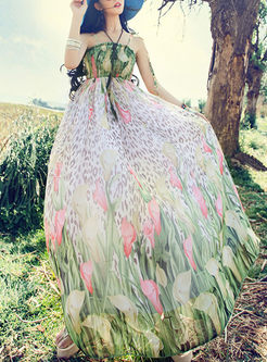 Floral Print Chiffon Strapless Bohemian Maxi Dress