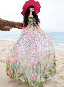 Floral Print Chiffon Strapless Bohemian Maxi Dress
