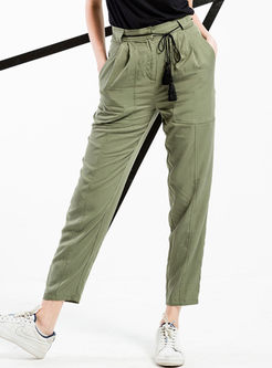 Loose Belted Pure Color Straight Pants