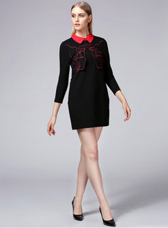 Chic Head Embroidery Hit Color Lapel Knit Dress