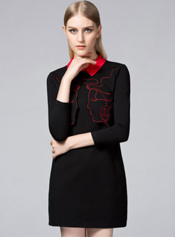 Chic Head Embroidery Hit Color Lapel Knit Dress