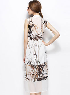 Elegant Silk Bamboo Print Chiffon Maxi Dress