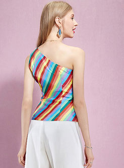 Chic One-Shoulder Rainbow Print Slim Top