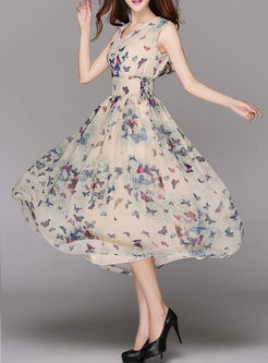 Summer Chiffon Floral Print A-Line Maxi Dress