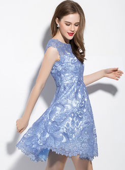 Blue Mesh Embroidery Patch A-Line Dress