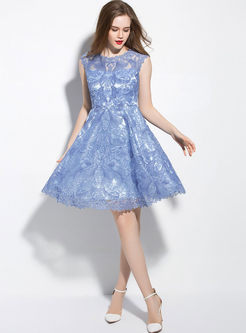 Blue Mesh Embroidery Patch A-Line Dress