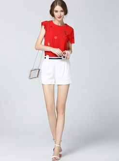 Red Embroidery Patch Falbala Sleeve T-Shirt