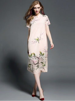 Vintage Floral Print Cheongsam Collar Loose Dress