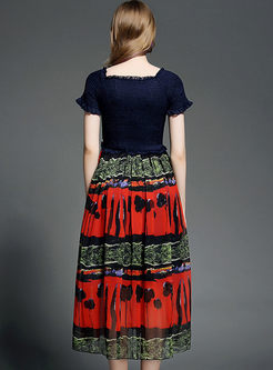 Ethnic Floral Print Hit Color Waist Maxi Dress