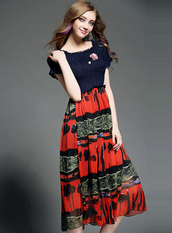 Ethnic Floral Print Hit Color Waist Maxi Dress