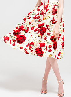 Chic Rose Print High Waist Ball Gown Skirt