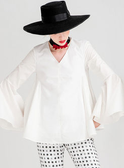 White Flare Sleeve V-neck Pullover Top