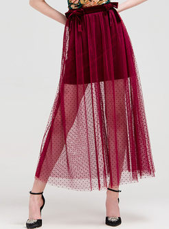 Red See Through Look Mesh Patch Long Skirt