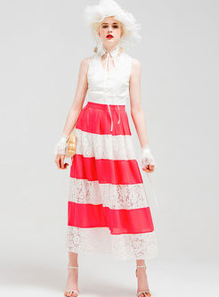 Hit Color Lace Patch High Waist Long Skirt