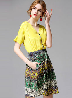 Ethnic Hit Color Front-Cotton Patch A-Line Dress