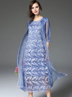 Brief Feather Half Sleeve Patch Long Dress